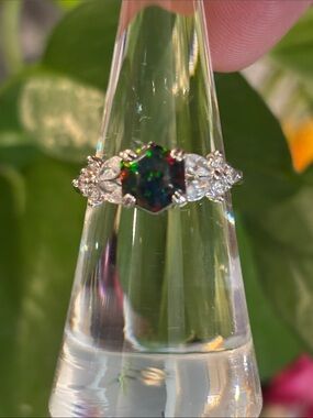 Hexagon Black Opal Halo Ring with White Accent Stones